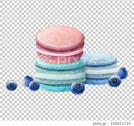 Macaroons pyramid in pastel pink and teal colors with blueberries illustration isolated on white background. Delicious dessert food for cafe and bakeries Macaroons pyramid in pastel pink and teal colors with blueberries illustration isolated on white background. Delicious dessert food for cafe and bakeries 108951734