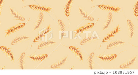 Ears wheat spikelets on a white background. Watercolor seamless pattern hand drawn. For textile, fabric, wallpaper Ears wheat spikelets on a white background. Watercolor seamless pattern hand drawn. For textile, fabric, wallpaper 108951957