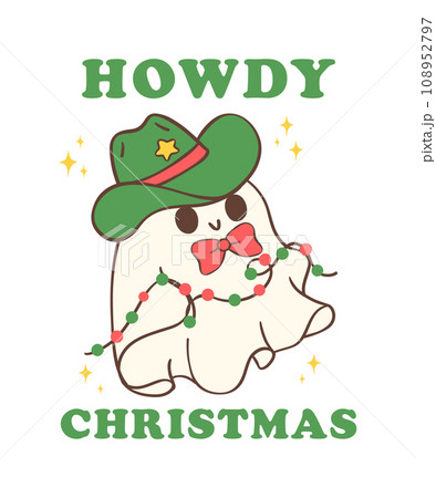 Cute and Kawaii Christmas Cowboy Ghost. Festive Holiday Cartoon Hand Drawing with Adorable Pose 108952797