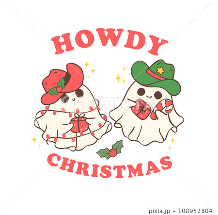 Cute and Kawaii Christmas Cowboy Ghosts. Festive Holiday Cartoon Hand Drawing with Adorable Pose 108952804