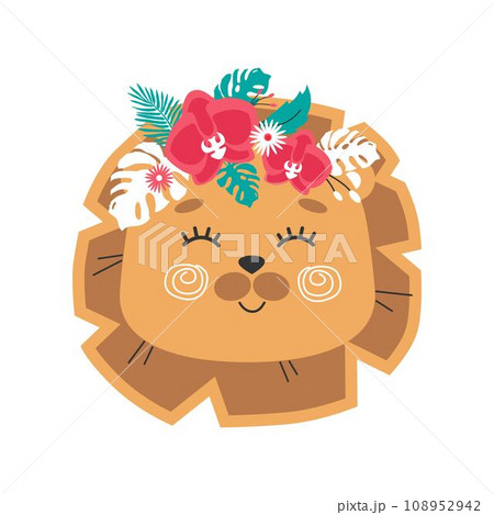 Lion head with flower crown. Cute Vector illustration for children design, poster, birthday greeting cards. 108952942