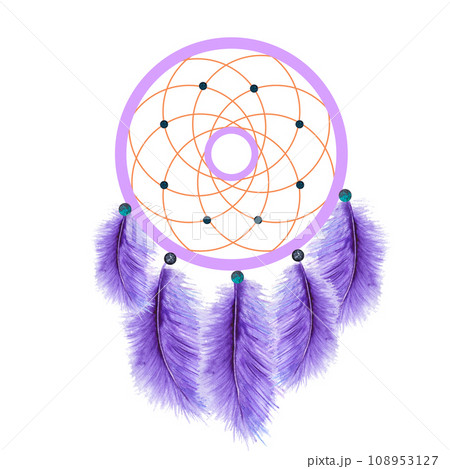 Watercolor illustration of a dream catcher with feathers and beads. hand drawing Watercolor illustration of a dream catcher with feathers and beads. hand drawing 108953127