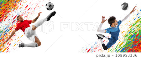 Modern creative set with two male sportsman, professional volleyball and soccer player in motion against colorful splashes with negative space for text. 108953336