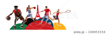 Sport collage. Professional sportsman in motion against abstract colorful geometry, creative background with negative space for text. 108953338