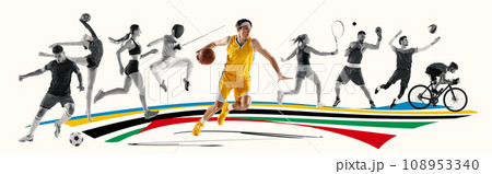 Set with monochrome professional sportsmen and one basketball player colorful in motion against abstract colorful geometry, creative background. Set with monochrome professional sportsmen and one basketball player colorful in motion against abstract colorful geometry, creative background. 108953340