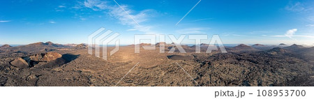 Panoramic drone picture over the barren volcanic Timanfaya National Park on Lanzarote Panoramic drone picture over the barren volcanic Timanfaya National Park on Lanzarote 108953700