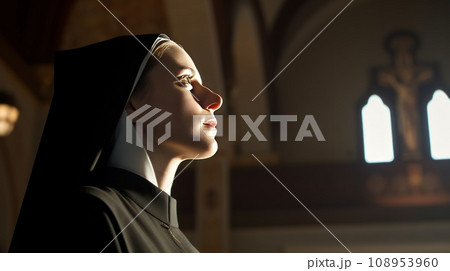Young Catholic nun praying in catholic church. 108953960
