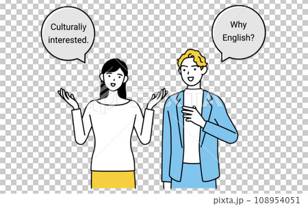 英会話、白人男性と英語で会話する日本人女性、吹き出しつき 108954051