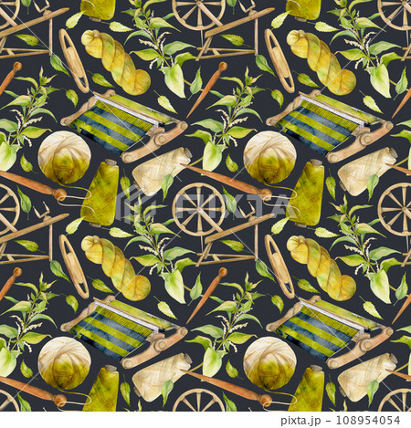 Hand drawn watercolor weave and spin equipment, dyed thread. Hobby handcraft Natural plant. Botanical illustration isolated seamless pattern, dark background. Shop logo print, website, card, booklet. 108954054