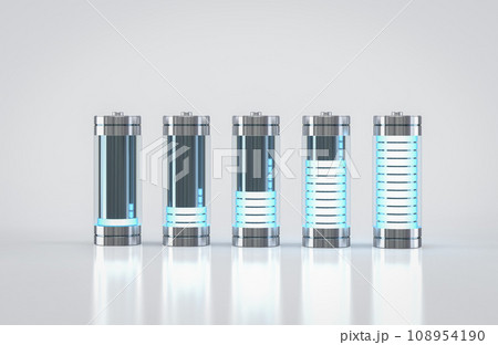 3d rendering group of alkaline  li-ion or rechargeable batteries isolated on white background 108954190