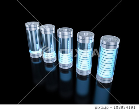 3d rendering group of alkaline  li-ion or rechargeable batteries isolated on white background 108954191
