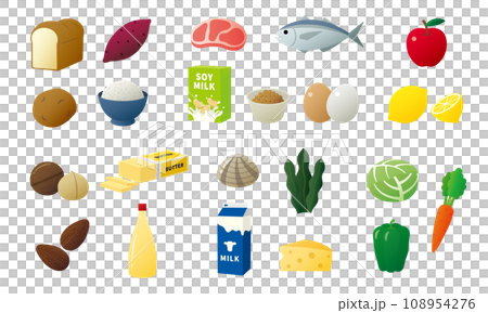 Icon set of list of foods representing nutrients 108954276