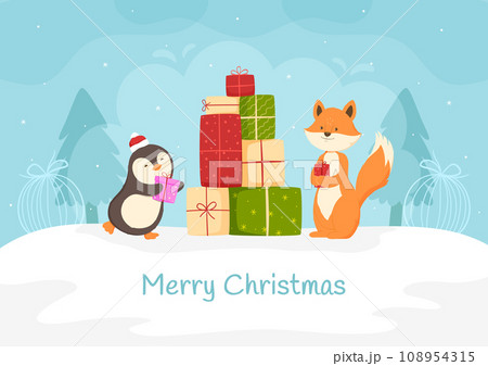 Christmas party scenes with penguin and fox, Merry Christmas and New Year Christmas party scenes with penguin and fox, Merry Christmas and New Year 108954315