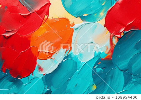 油絵背景抽象バナー）青緑と赤の大きくラフなドット。AI生成画像 108954400