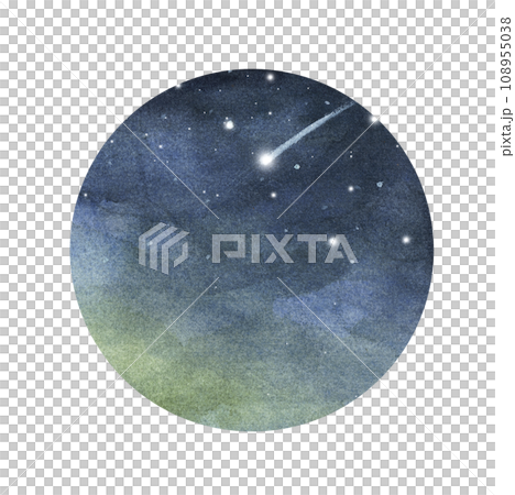 Watercolor night sky in circle. Falling meteorite, comet in the starry space sky.  108955038