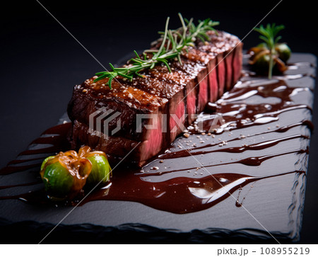 Closeup view of Beef Rib Eye steak on plate. Slices of juicy beef steak or angus steak Closeup view of Beef Rib Eye steak on plate. Slices of juicy beef steak or angus steak 108955219