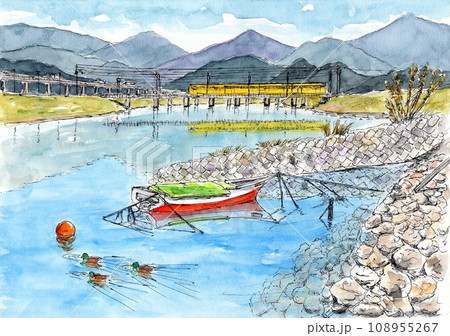 冬の川面に浮かぶ小舟 108955267