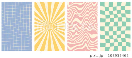 Groovy hippie 70s vector backgrounds set. Chessboard and twisted patterns. Backgrounds in trendy retro trippy style.Twisted and distorted vector texture in trendy retro psychedelic style 108955462