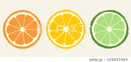 Set of citrus slices of lime, orange and lemon. Vector illustration. 108955464