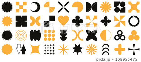 Vector set of brutalist geometric shapes. Trendy abstract minimalist figures, stars, flowers, circles. Modern abstract graphic design elements. Vector 108955475