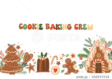Christmas baking crew banner decorated gingerbread house, cookies, pudding, dessert. Tasty vector food illustration. Christmas baking crew banner decorated gingerbread house, cookies, pudding, dessert. Tasty vector food illustration. 108955538