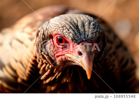 An wild turkey with a white head and red eyes. - Stock