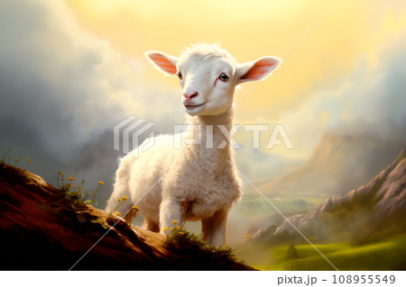 A lamb standing in a green grassy field and clouds against the blue skies. Innocence and sacrifice concept. No people 108955549