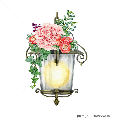 Vintage style metal lantern with garden flower decor. watercolor painted illustration. Hand drawn old garden lamp with floral decor. Beautiful flowers on a lantern decoration. White background Vintage style metal lantern with garden flower decor. watercolor painted illustration. Hand drawn old garden lamp with floral decor. Beautiful flowers on a lantern decoration. White background 108955840