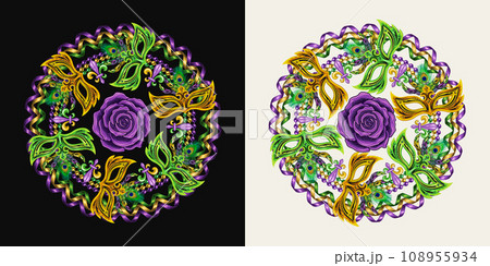 Circular carnival Mardi Gras composition with rose, party streamers, string of beads, masquerade masks, Fleur de lis symbol. For prints, clothing, t shirt, plate, surface design. Vintage style Not AI Circular carnival Mardi Gras composition with rose, party streamers, string of beads, masquerade masks, Fleur de lis symbol. For prints, clothing, t shirt, plate, surface design. Vintage style Not AI 108955934