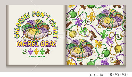 Seamless Mardi Gras pattern, label with traditional king cake, cinnamon, apples, string of beads, Fleur de Lis sign, text. Festive holiday design. Vintage illustration for prints, clothing. Not AI 108955935