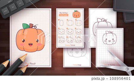 How to Draw a Pumpkin. Step by Step Drawing Tutorial. Draw Guide. Simple Instruction. Coloring Page. Worksheets for Kids and Adults. 108956401