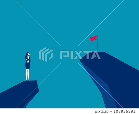 Woman on a mountain peak looking at the flag on another peak. Business vector illustration 108956593