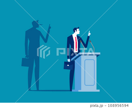 Politician on a podium giving speech with his long nose shadows. Business liar vector illustration 108956594