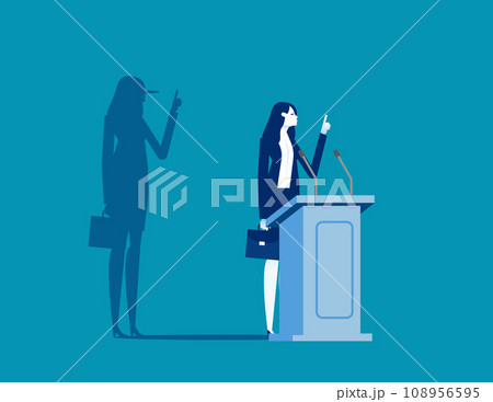 Politician on a podium giving speech with his long nose shadows. Business liar vector illustration Politician on a podium giving speech with his long nose shadows. Business liar vector illustration 108956595