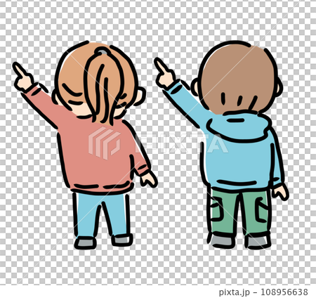 Full-body illustration of a boy and a girl pointing to the upper left 108956638