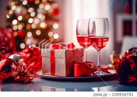 Two glasses of wine, gift boxes and Christmas tree on background. Selective focus 108956781