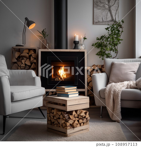 Rustic elegance - cozy Scandinavian fireplace setting. Square format. 108957113