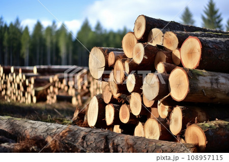 Warehouse of felled trees near forest. Timber logging. Close up. 108957115