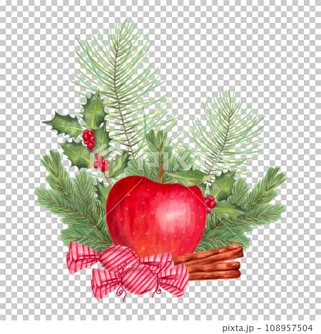Christmas composition of red apple with pine and spruce branches, holly branch, cinnamon caramel candies. Fruit holiday design for New Year, Christmas. Watercolor and marker art. Hand drawn isolated 108957504