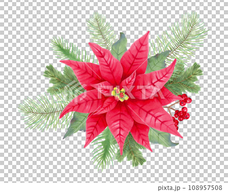 Christmas bouquet with poinsettia flower, holly berries, leaves, pine, spruce. Composition for the winter holidays New Year, Christmas. Clip art for cards, design.Handmade isolated watercolor art Christmas bouquet with poinsettia flower, holly berries, leaves, pine, spruce. Composition for the winter holidays New Year, Christmas. Clip art for cards, design.Handmade isolated watercolor art 108957508