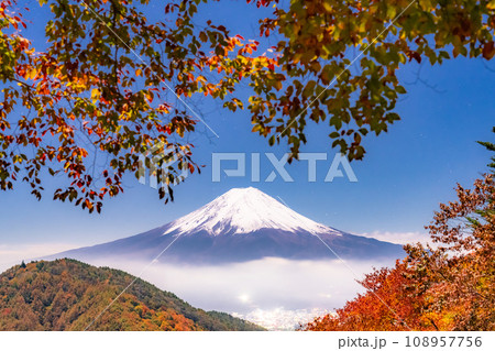 《山梨県》紅葉と富士山・月明かりの夜景 《山梨県》紅葉と富士山・月明かりの夜景 108957756