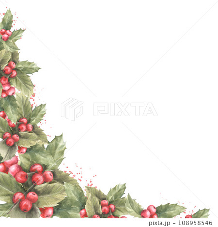 Watercolor painted illustration corner frame of red holly leaves and berries Traditional plant for Christmas or New Year card, winter holiday celebrate invitation, decor. Isolated on white background. 108958546