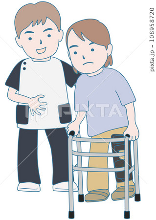 歩行器でリハビリをする患者と医療従事者 108958720