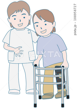 歩行器でリハビリをする患者と医療従事者 108958727