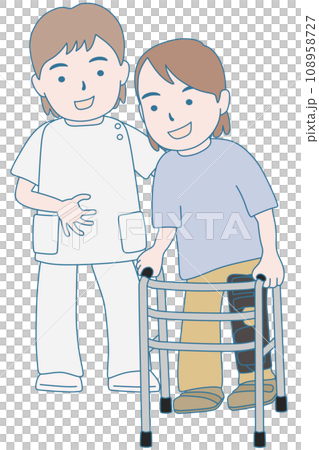 歩行器でリハビリをする患者と医療従事者 108958727