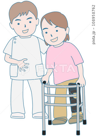 歩行器でリハビリをする患者と医療従事者 歩行器でリハビリをする患者と医療従事者 108958762