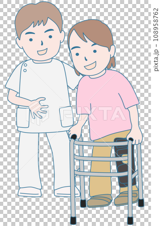 歩行器でリハビリをする患者と医療従事者 歩行器でリハビリをする患者と医療従事者 108958762