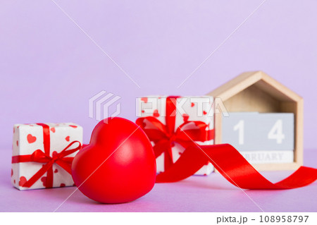 Valentine Day theme with wooden block calendar. Greeting card template for Valentines Day copy space for text Valentine Day theme with wooden block calendar. Greeting card template for Valentines Day copy space for text 108958797