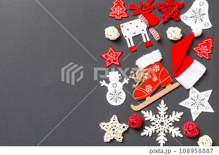 New Year decorations on black background. Merry Christmas concept with empty space for your design 108958887