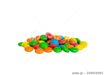 Pile of delicious colorful sweet candies on colored background top view. Confectionery decor 108958991
